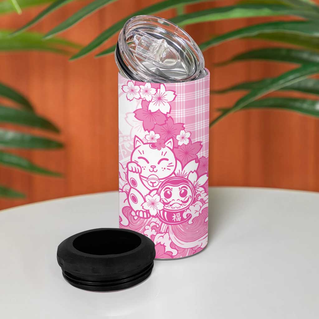 Pink Palaka Hawaiian And Japanese 4 in 1 Can Cooler Tumbler Maneki Neko And Sakura Bloom