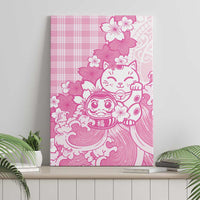 Pink Palaka Hawaiian And Japanese Canvas Wall Art Maneki Neko And Sakura Bloom
