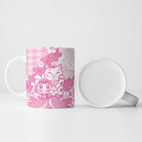 Pink Palaka Hawaiian And Japanese Ceramic Mug Maneki Neko And Sakura Bloom