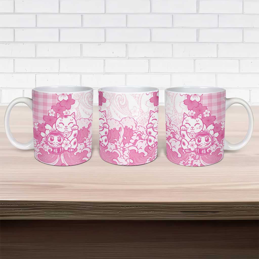 Pink Palaka Hawaiian And Japanese Ceramic Mug Maneki Neko And Sakura Bloom