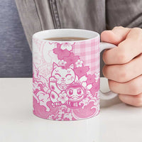 Pink Palaka Hawaiian And Japanese Ceramic Mug Maneki Neko And Sakura Bloom