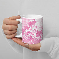 Pink Palaka Hawaiian And Japanese Ceramic Mug Maneki Neko And Sakura Bloom