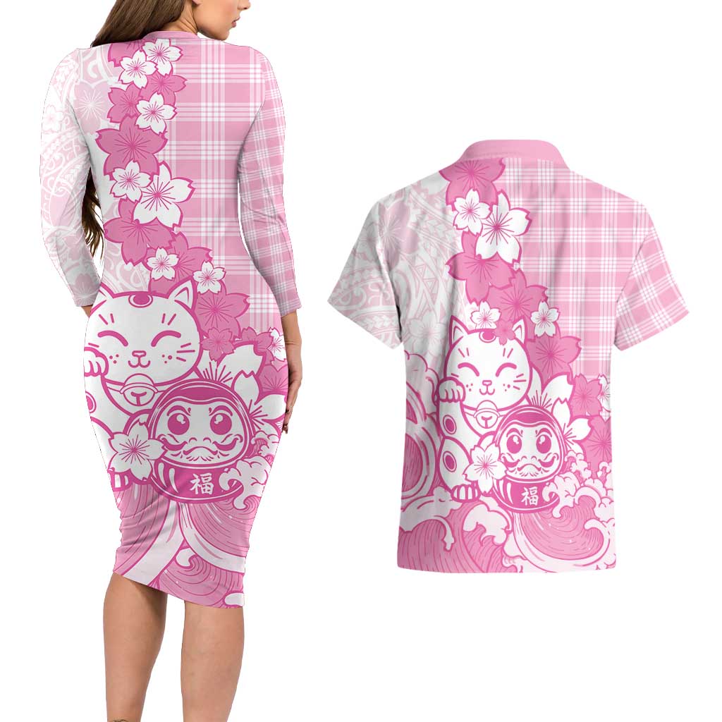 Pink Palaka Hawaiian And Japanese Couples Matching Long Sleeve Bodycon Dress and Hawaiian Shirt Maneki Neko And Sakura Bloom DT05 - Polynesian Pride