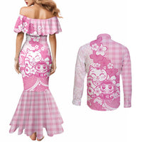 Pink Palaka Hawaiian And Japanese Couples Matching Mermaid Dress and Long Sleeve Button Shirt Maneki Neko And Sakura Bloom