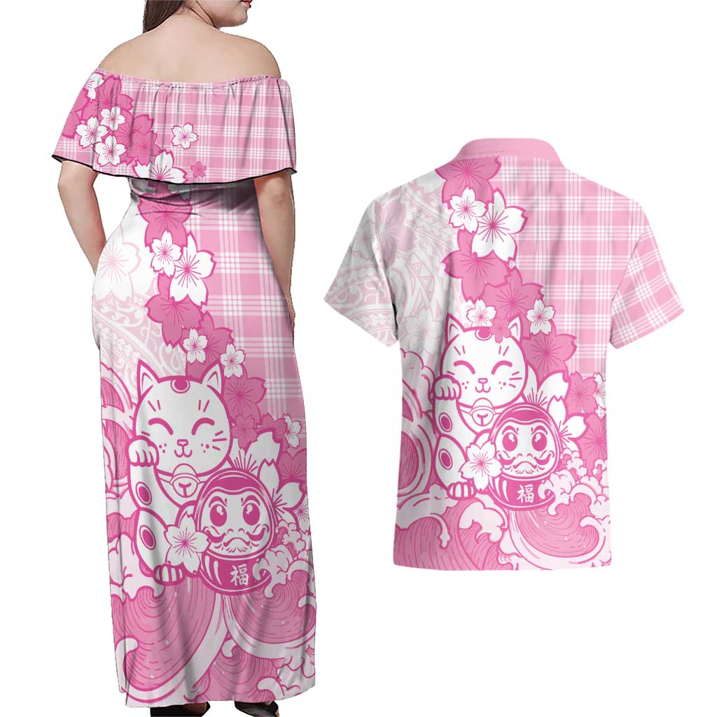 Pink Palaka Hawaiian And Japanese Couples Matching Off Shoulder Maxi Dress and Hawaiian Shirt Maneki Neko And Sakura Bloom