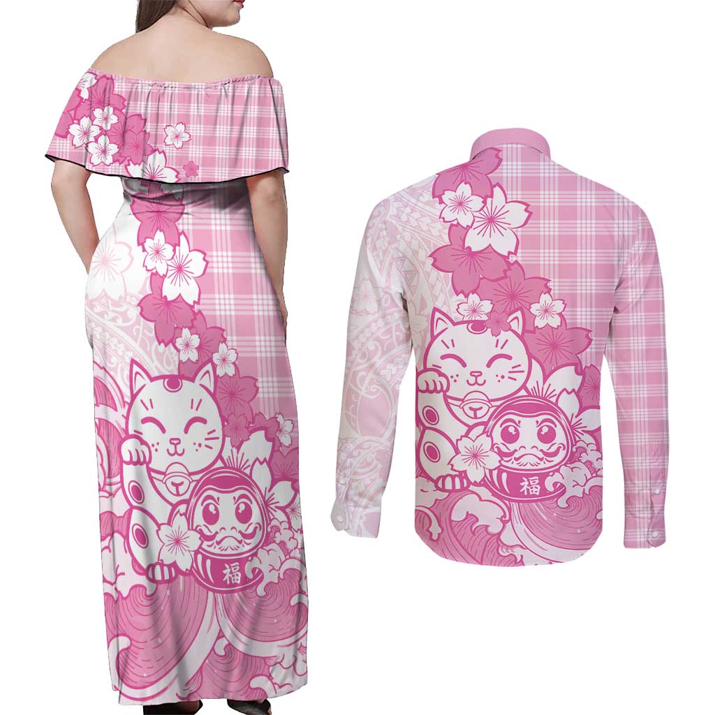 Pink Palaka Hawaiian And Japanese Couples Matching Off Shoulder Maxi Dress and Long Sleeve Button Shirt Maneki Neko And Sakura Bloom