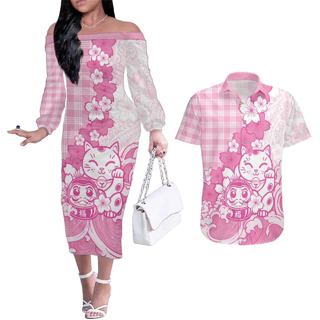 Pink Palaka Hawaiian And Japanese Couples Matching Off The Shoulder Long Sleeve Dress and Hawaiian Shirt Maneki Neko And Sakura Bloom DT05 Pink - Polynesian Pride
