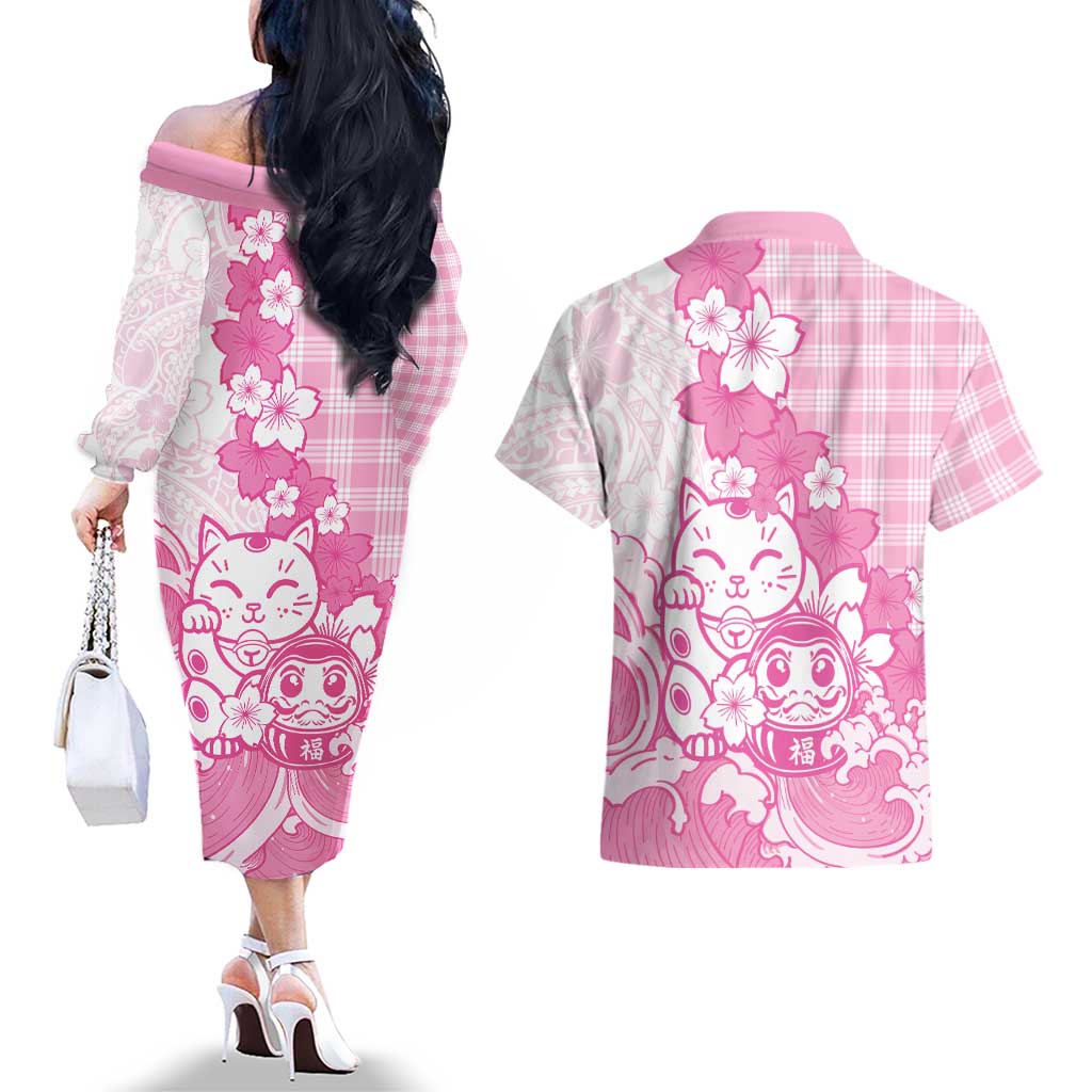 Pink Palaka Hawaiian And Japanese Couples Matching Off The Shoulder Long Sleeve Dress and Hawaiian Shirt Maneki Neko And Sakura Bloom DT05 - Polynesian Pride