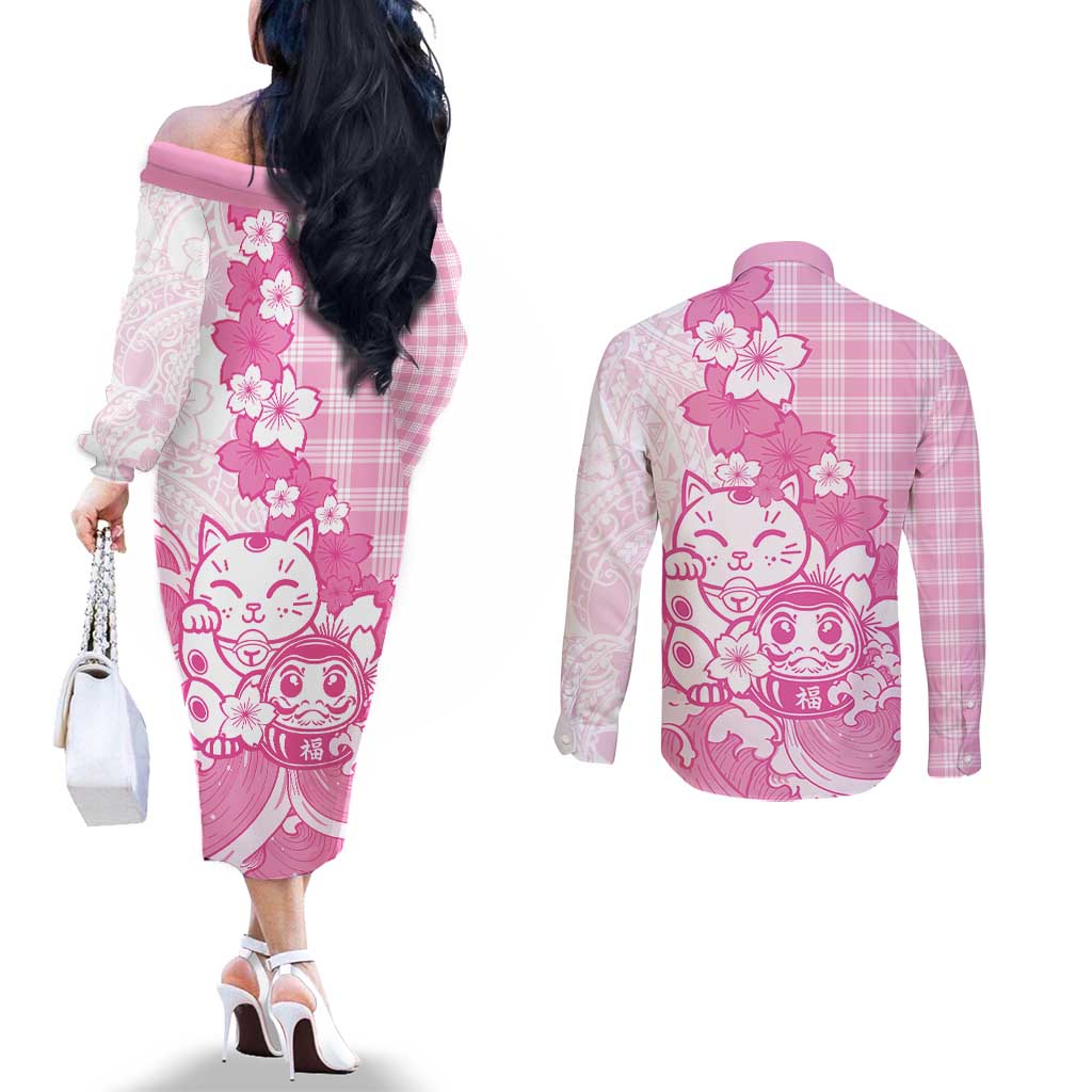 Pink Palaka Hawaiian And Japanese Couples Matching Off The Shoulder Long Sleeve Dress and Long Sleeve Button Shirt Maneki Neko And Sakura Bloom DT05 - Polynesian Pride
