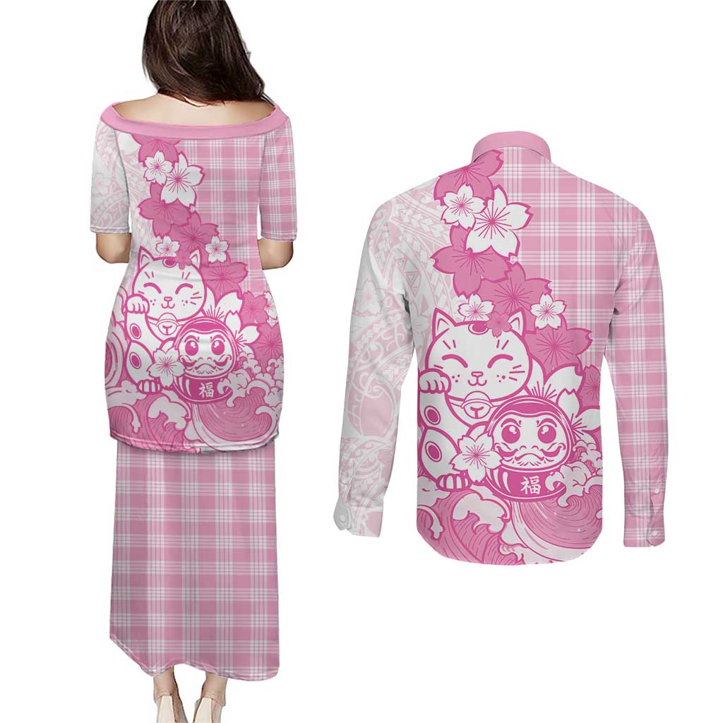 Pink Palaka Hawaiian And Japanese Couples Matching Puletasi and Long Sleeve Button Shirt Maneki Neko And Sakura Bloom