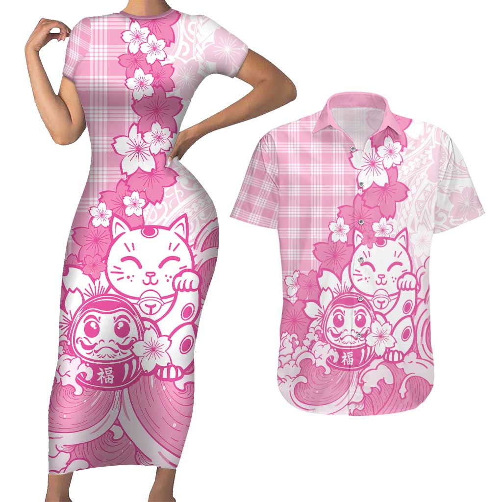 Pink Palaka Hawaiian And Japanese Couples Matching Short Sleeve Bodycon Dress and Hawaiian Shirt Maneki Neko And Sakura Bloom