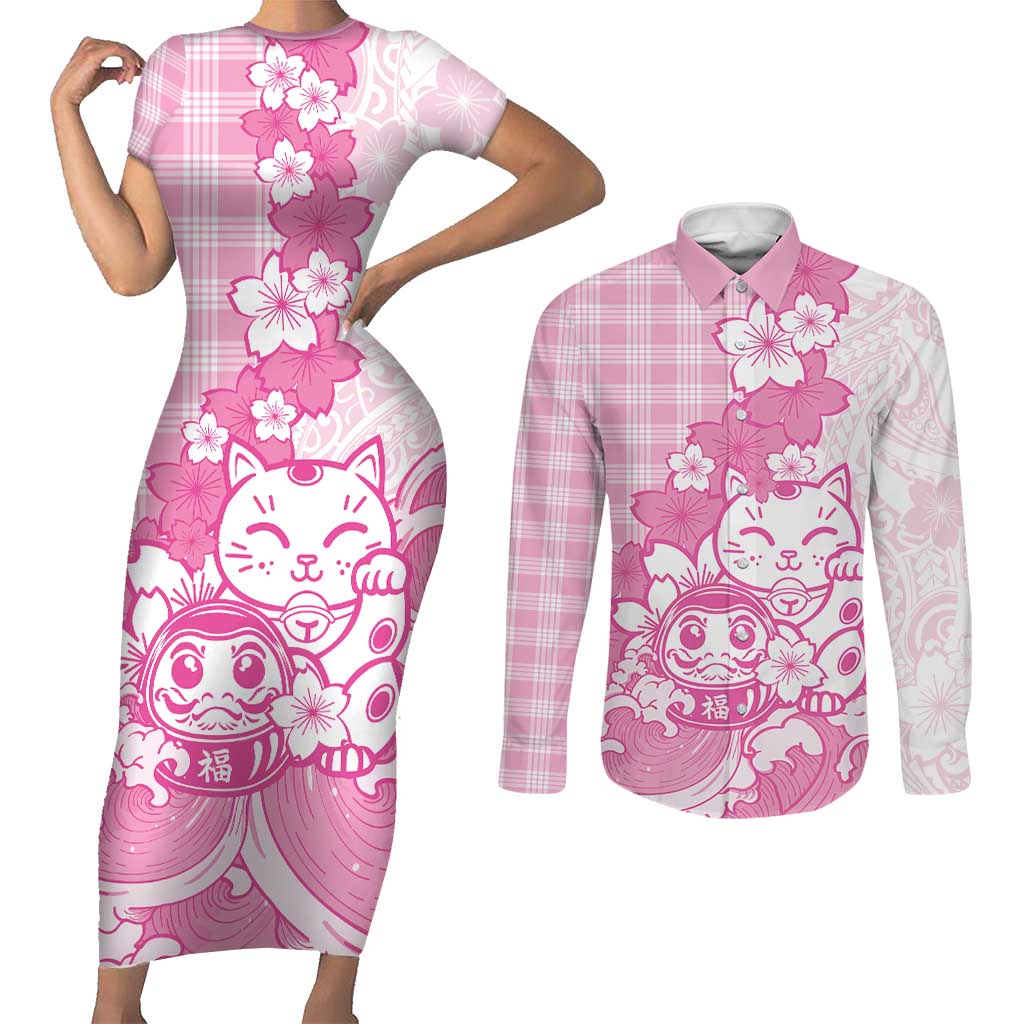 Pink Palaka Hawaiian And Japanese Couples Matching Short Sleeve Bodycon Dress and Long Sleeve Button Shirt Maneki Neko And Sakura Bloom DT05 Pink - Polynesian Pride