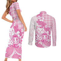 Pink Palaka Hawaiian And Japanese Couples Matching Short Sleeve Bodycon Dress and Long Sleeve Button Shirt Maneki Neko And Sakura Bloom DT05 - Polynesian Pride