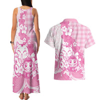 Pink Palaka Hawaiian And Japanese Couples Matching Tank Maxi Dress and Hawaiian Shirt Maneki Neko And Sakura Bloom DT05 - Polynesian Pride