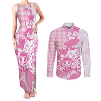 Pink Palaka Hawaiian And Japanese Couples Matching Tank Maxi Dress and Long Sleeve Button Shirt Maneki Neko And Sakura Bloom