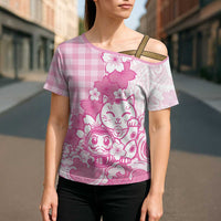 Pink Palaka Hawaiian And Japanese Cross Shoulder Shirt Maneki Neko And Sakura Bloom