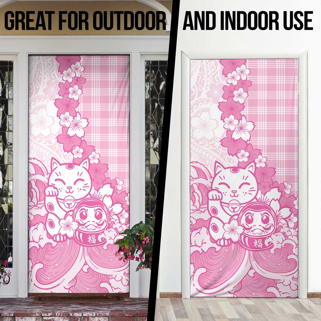 Pink Palaka Hawaiian And Japanese Door Cover Maneki Neko And Sakura Bloom