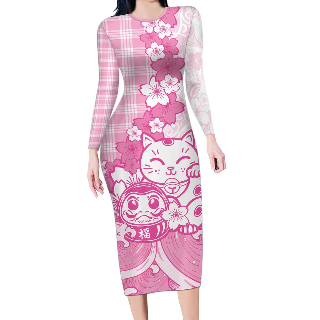 Pink Palaka Hawaiian And Japanese Family Matching Long Sleeve Bodycon Dress and Hawaiian Shirt Maneki Neko And Sakura Bloom DT05 Mom's Dress Pink - Polynesian Pride