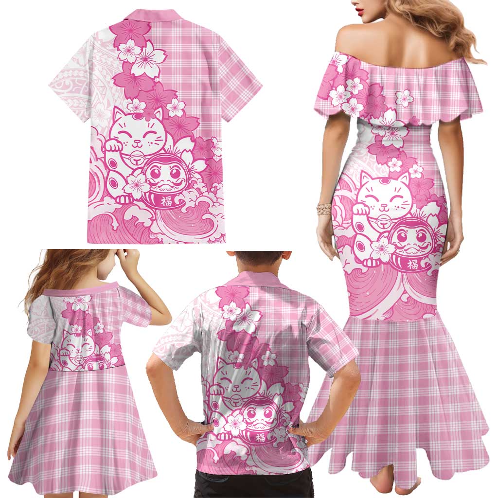 Pink Palaka Hawaiian And Japanese Family Matching Mermaid Dress and Hawaiian Shirt Maneki Neko And Sakura Bloom DT05 - Polynesian Pride