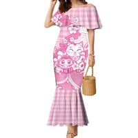 Pink Palaka Hawaiian And Japanese Family Matching Mermaid Dress and Hawaiian Shirt Maneki Neko And Sakura Bloom DT05 Mom's Dress Pink - Polynesian Pride
