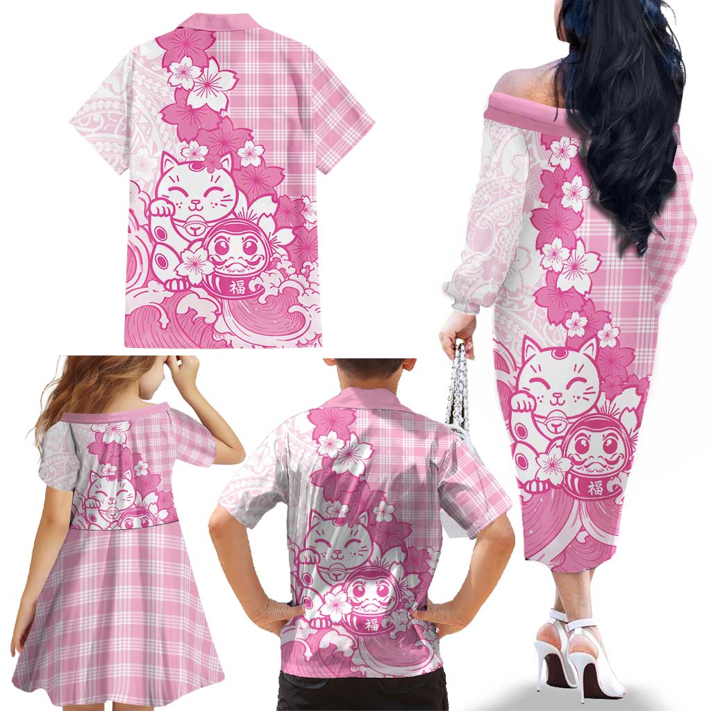 Pink Palaka Hawaiian And Japanese Family Matching Off The Shoulder Long Sleeve Dress and Hawaiian Shirt Maneki Neko And Sakura Bloom DT05 - Polynesian Pride