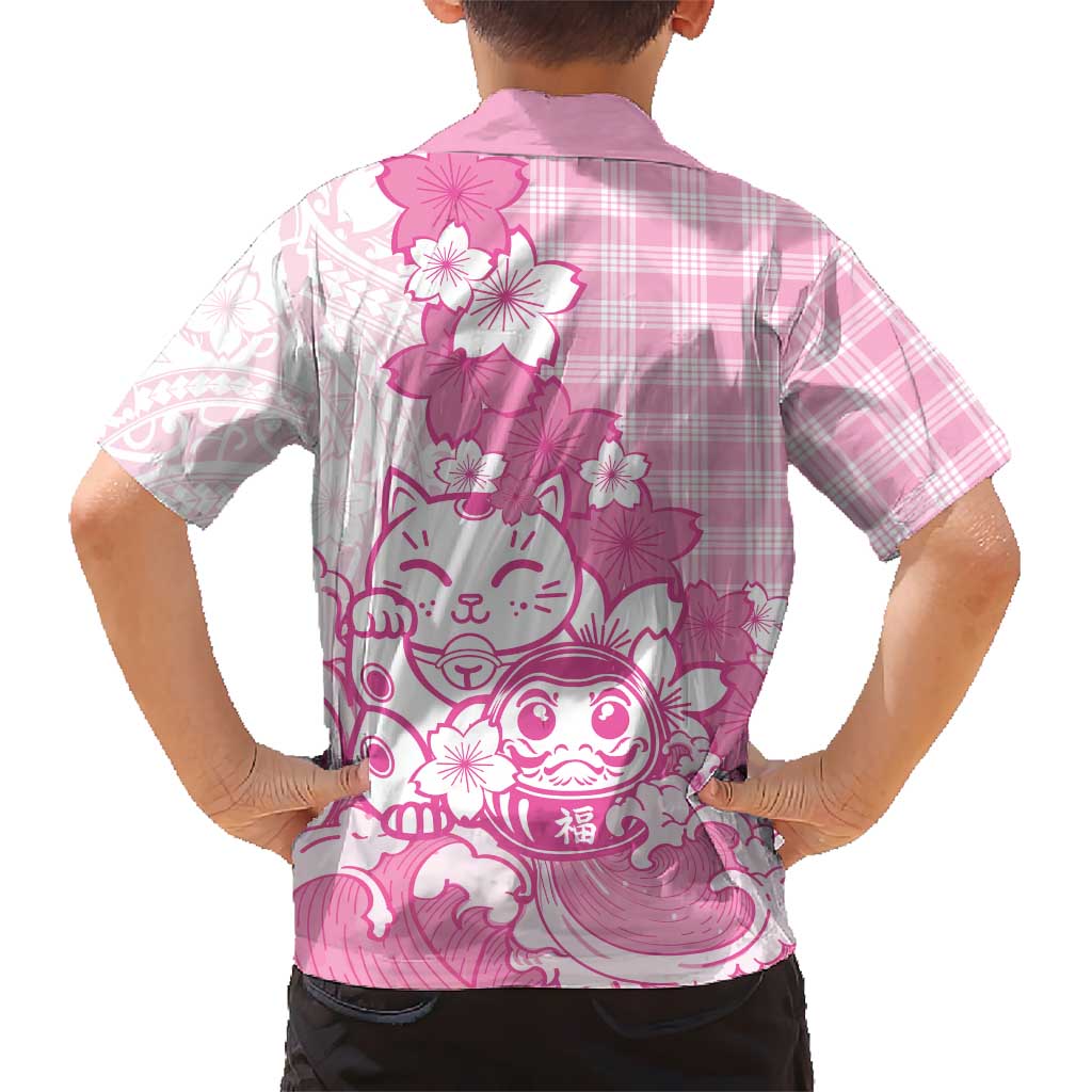 Pink Palaka Hawaiian And Japanese Family Matching Off Shoulder Maxi Dress and Hawaiian Shirt Maneki Neko And Sakura Bloom DT05 - Polynesian Pride