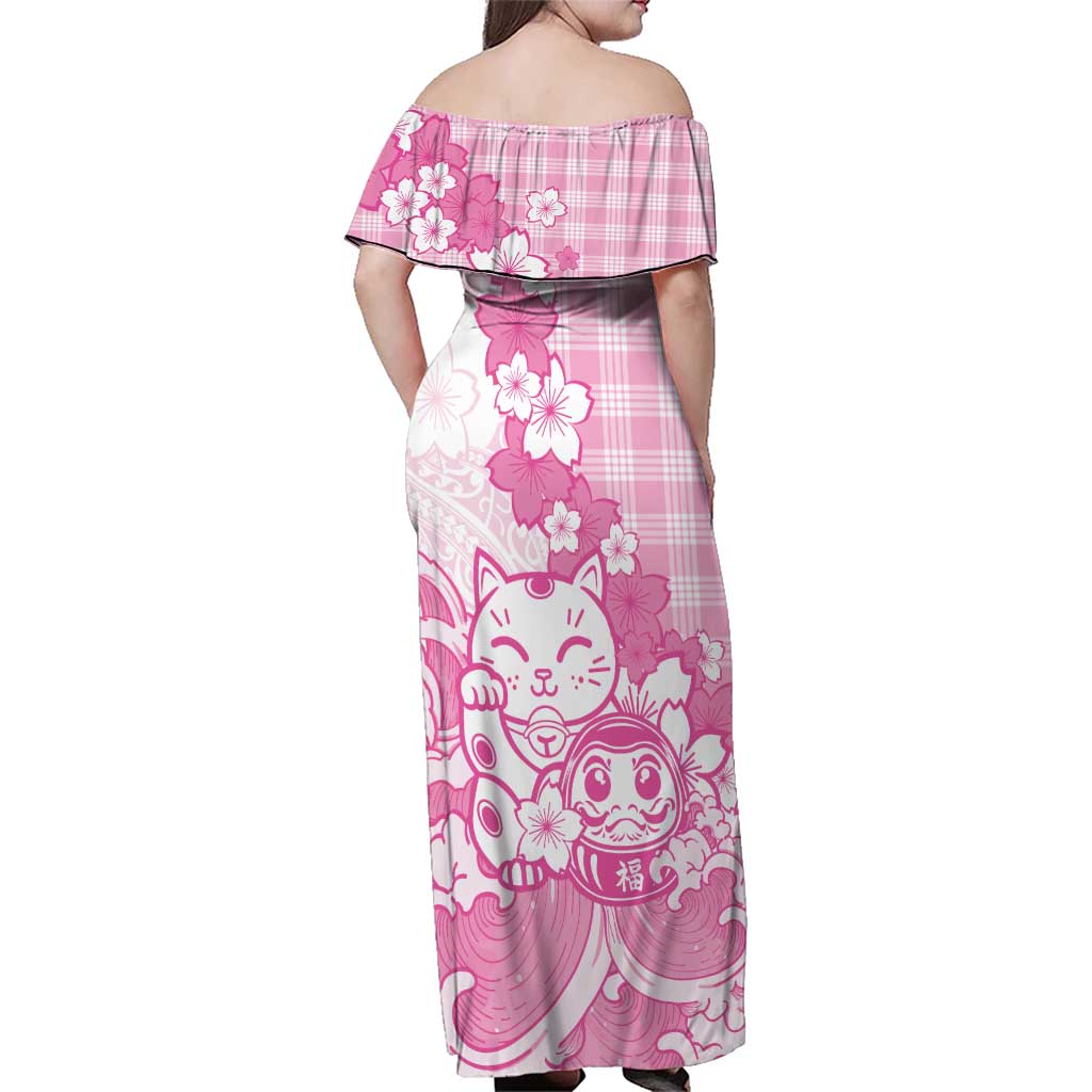 Pink Palaka Hawaiian And Japanese Family Matching Off Shoulder Maxi Dress and Hawaiian Shirt Maneki Neko And Sakura Bloom DT05 - Polynesian Pride