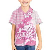 Pink Palaka Hawaiian And Japanese Family Matching Off Shoulder Maxi Dress and Hawaiian Shirt Maneki Neko And Sakura Bloom DT05 Son's Shirt Pink - Polynesian Pride
