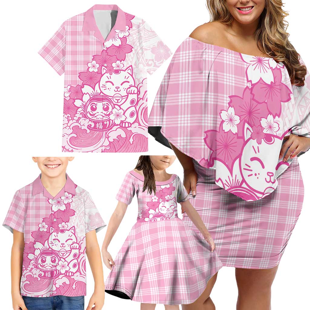 Pink Palaka Hawaiian And Japanese Family Matching Off Shoulder Short Dress and Hawaiian Shirt Maneki Neko And Sakura Bloom DT05 - Polynesian Pride