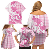 Pink Palaka Hawaiian And Japanese Family Matching Off Shoulder Short Dress and Hawaiian Shirt Maneki Neko And Sakura Bloom DT05 - Polynesian Pride