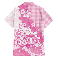 Pink Palaka Hawaiian And Japanese Family Matching Off Shoulder Short Dress and Hawaiian Shirt Maneki Neko And Sakura Bloom DT05 - Polynesian Pride