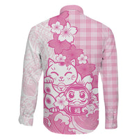 Pink Palaka Hawaiian And Japanese Family Matching Off Shoulder Short Dress and Hawaiian Shirt Maneki Neko And Sakura Bloom DT05 - Polynesian Pride
