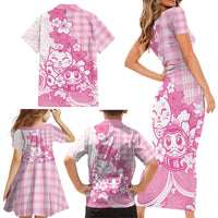 Pink Palaka Hawaiian And Japanese Family Matching Short Sleeve Bodycon Dress and Hawaiian Shirt Maneki Neko And Sakura Bloom DT05 - Polynesian Pride