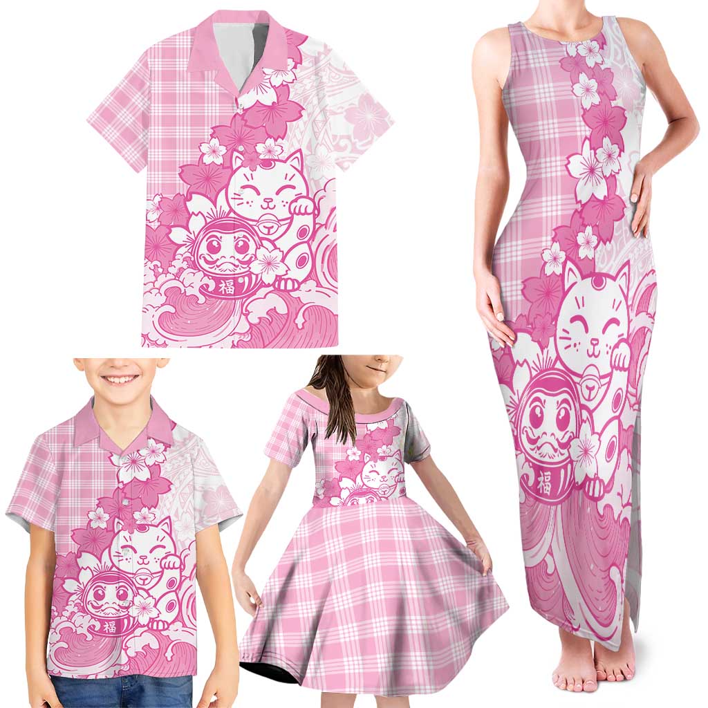 Pink Palaka Hawaiian And Japanese Family Matching Tank Maxi Dress and Hawaiian Shirt Maneki Neko And Sakura Bloom DT05 - Polynesian Pride