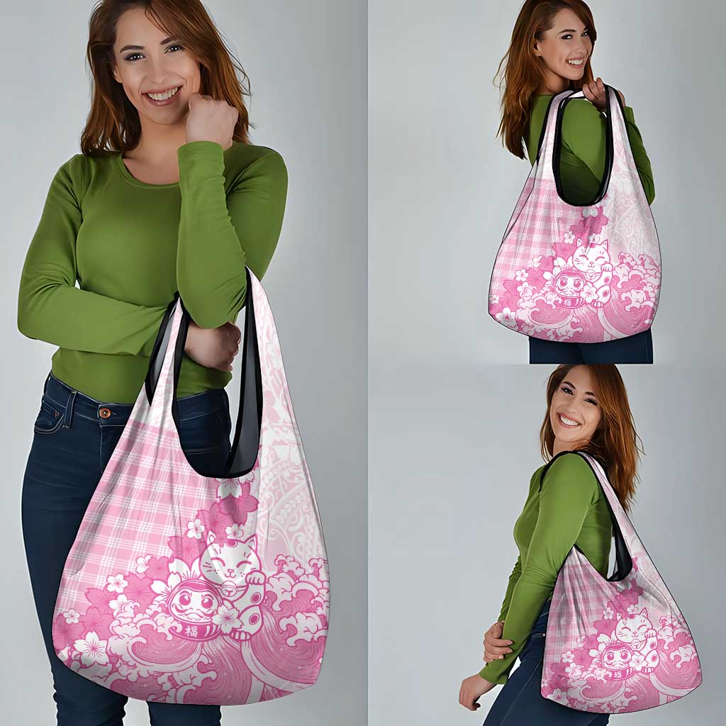 Pink Palaka Hawaiian And Japanese Grocery Bag Maneki Neko And Sakura Bloom