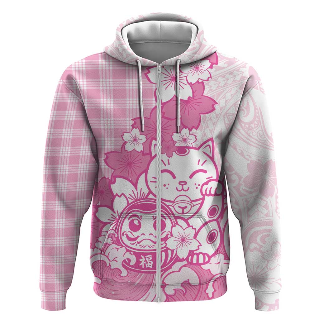 Pink Palaka Hawaiian And Japanese Hoodie Maneki Neko And Sakura Bloom