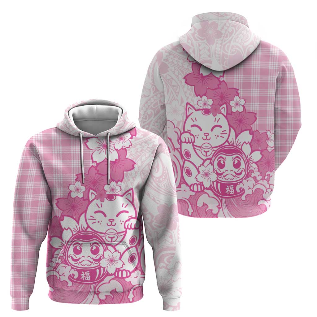 Pink Palaka Hawaiian And Japanese Hoodie Maneki Neko And Sakura Bloom
