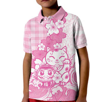 Pink Palaka Hawaiian And Japanese Kid Polo Shirt Maneki Neko And Sakura Bloom