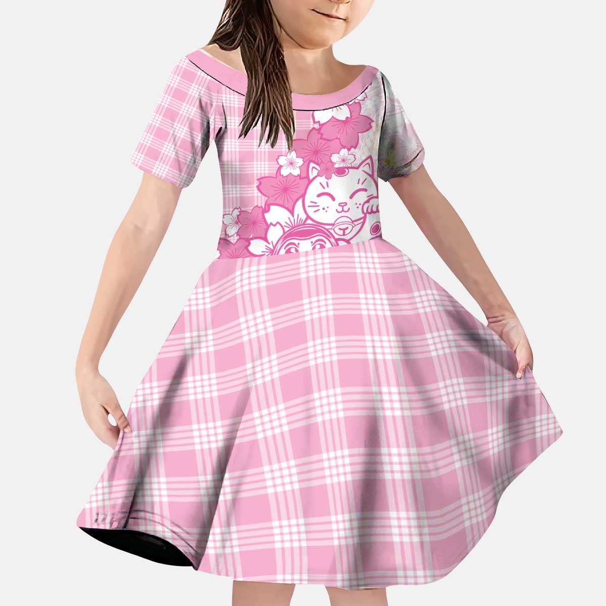 Pink Palaka Hawaiian And Japanese Kid Short Sleeve Dress Maneki Neko And Sakura Bloom