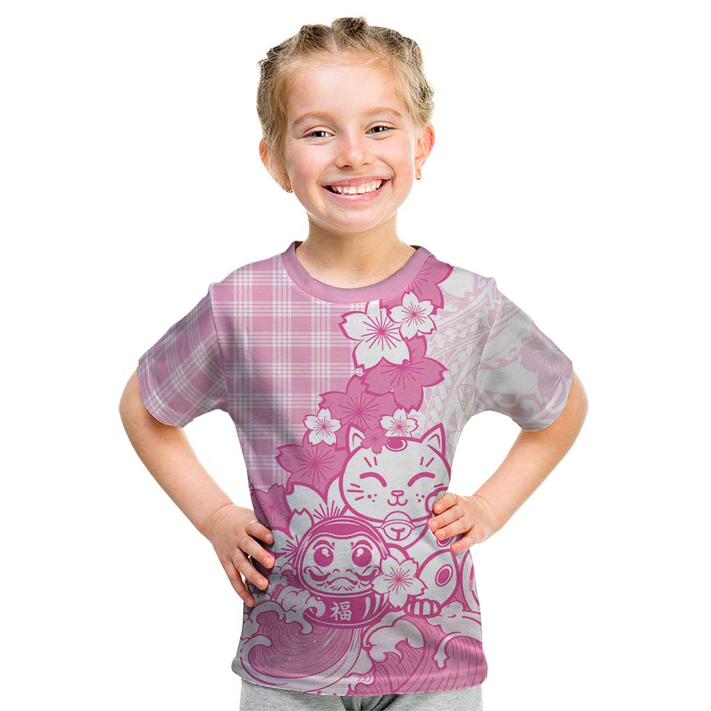 Pink Palaka Hawaiian And Japanese Kid T Shirt Maneki Neko And Sakura Bloom