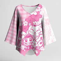 Pink Palaka Hawaiian And Japanese Kimono Sleeve Blouse Maneki Neko And Sakura Bloom
