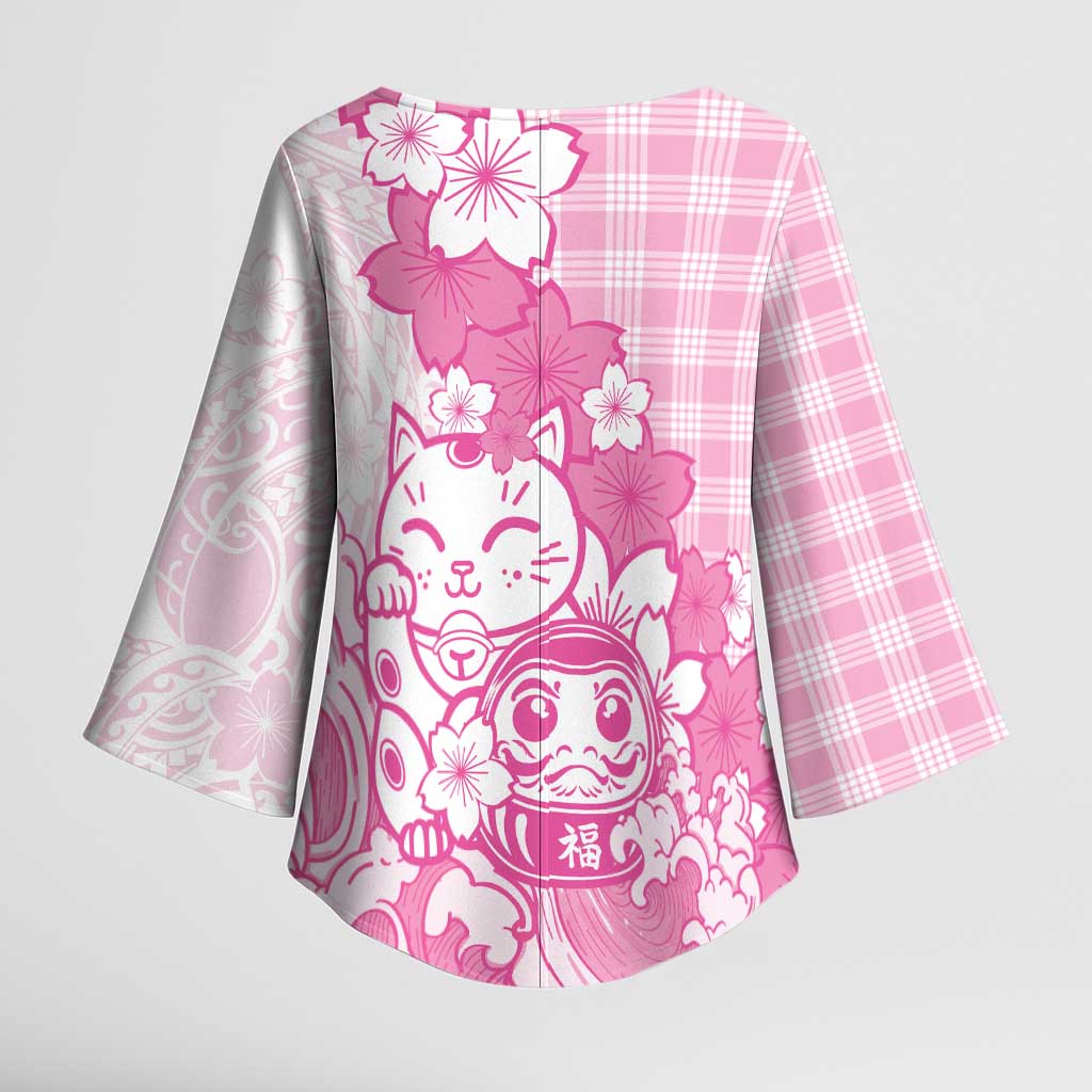 Pink Palaka Hawaiian And Japanese Kimono Sleeve Blouse Maneki Neko And Sakura Bloom