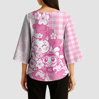 Pink Palaka Hawaiian And Japanese Kimono Sleeve Blouse Maneki Neko And Sakura Bloom
