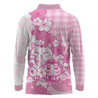 Pink Palaka Hawaiian And Japanese Long Sleeve Polo Shirt Maneki Neko And Sakura Bloom