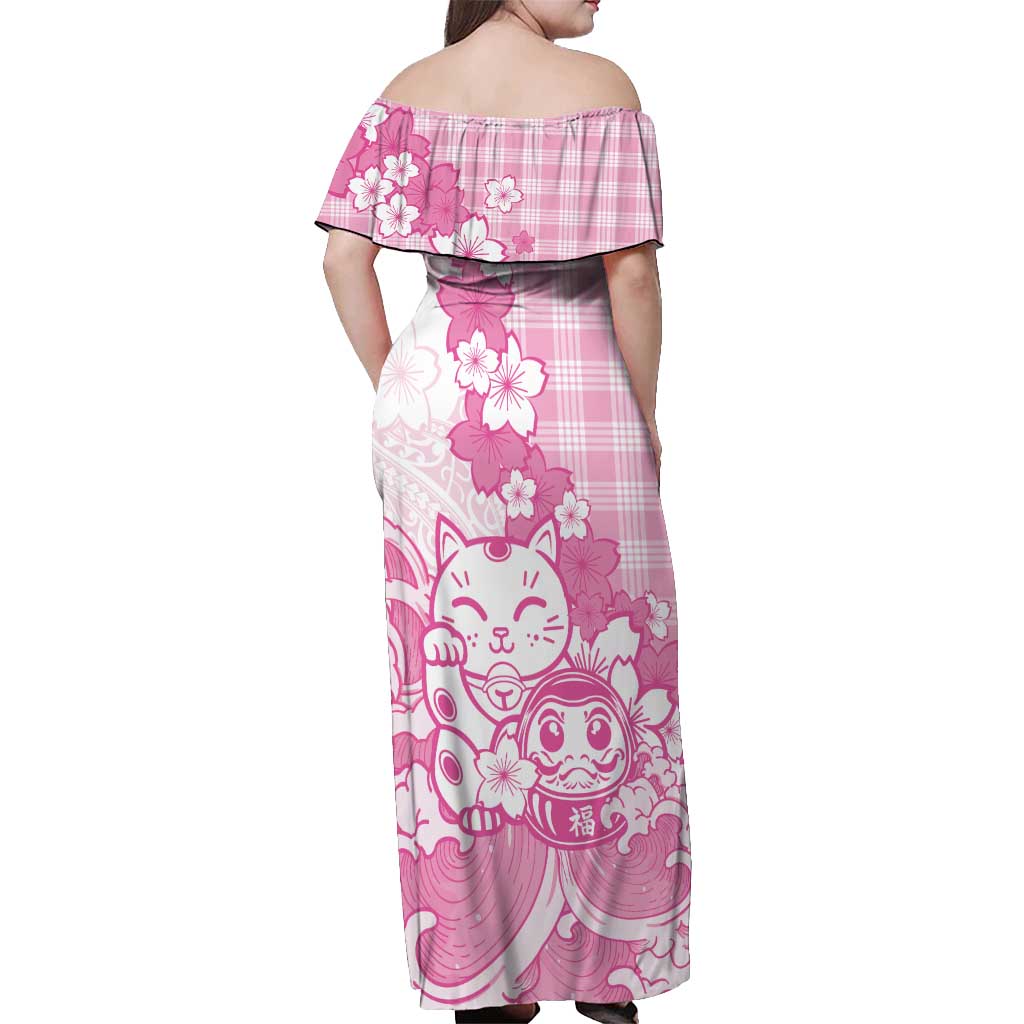 Pink Palaka Hawaiian And Japanese Off Shoulder Maxi Dress Maneki Neko And Sakura Bloom