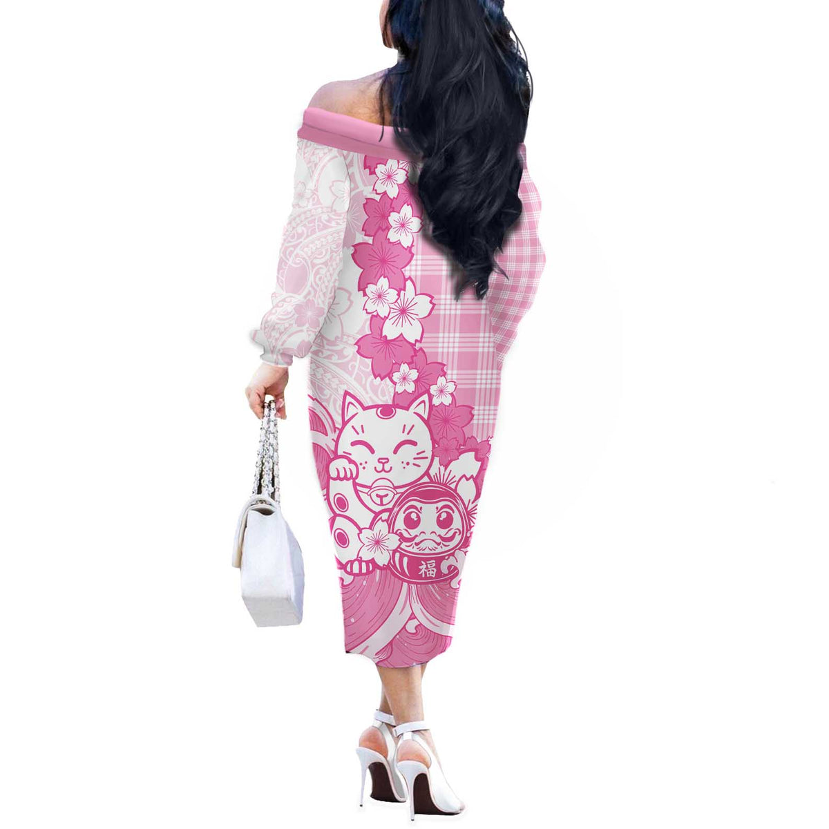 Pink Palaka Hawaiian And Japanese Off The Shoulder Long Sleeve Dress Maneki Neko And Sakura Bloom