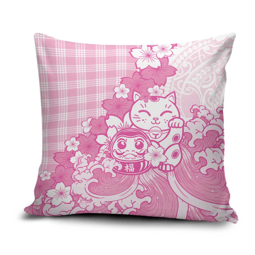 Pink Palaka Hawaiian And Japanese Pillow Cover Maneki Neko And Sakura Bloom