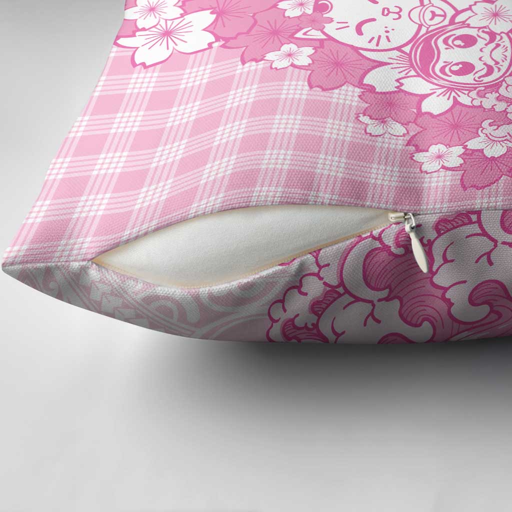 Pink Palaka Hawaiian And Japanese Pillow Cover Maneki Neko And Sakura Bloom