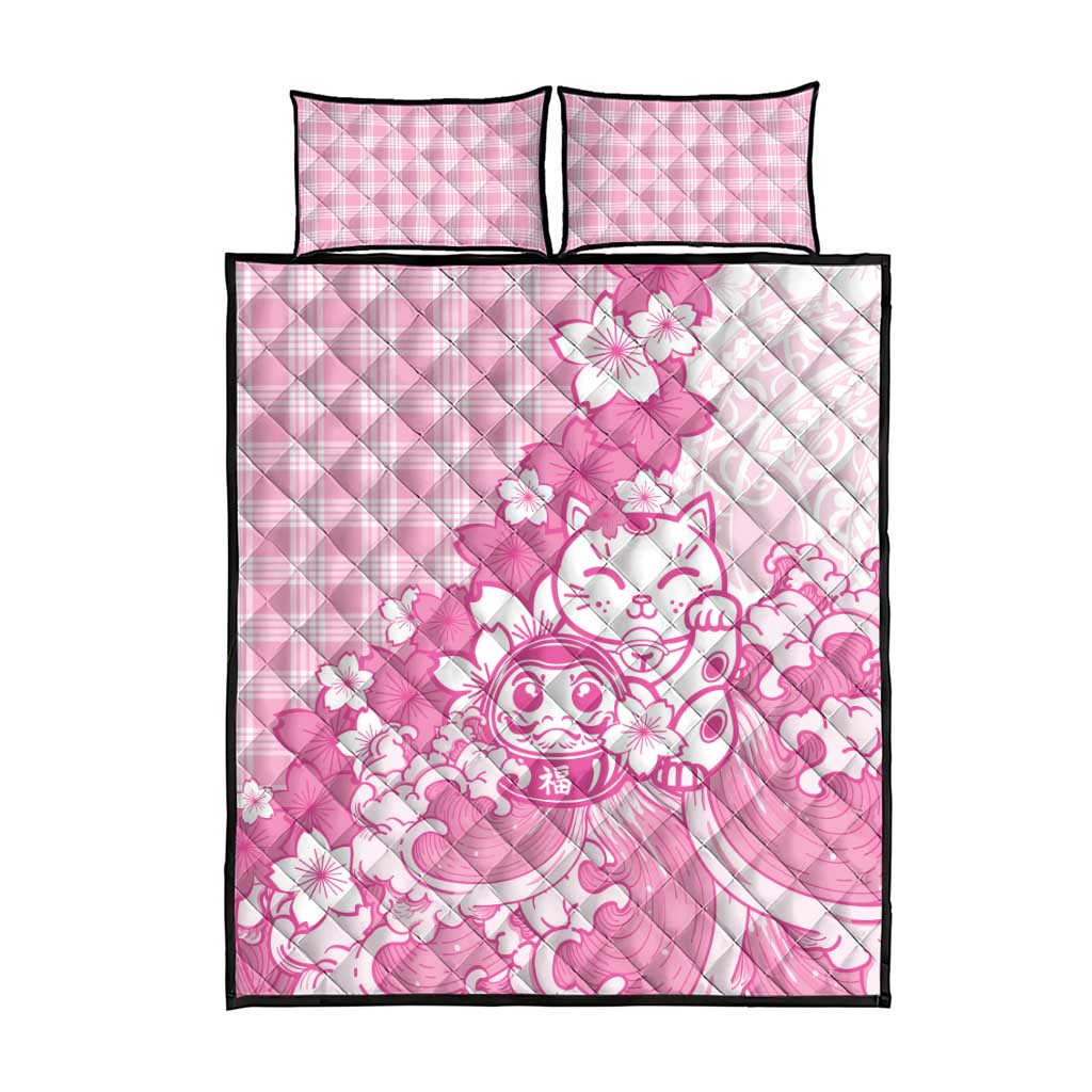 Pink Palaka Hawaiian And Japanese Quilt Bed Set Maneki Neko And Sakura Bloom