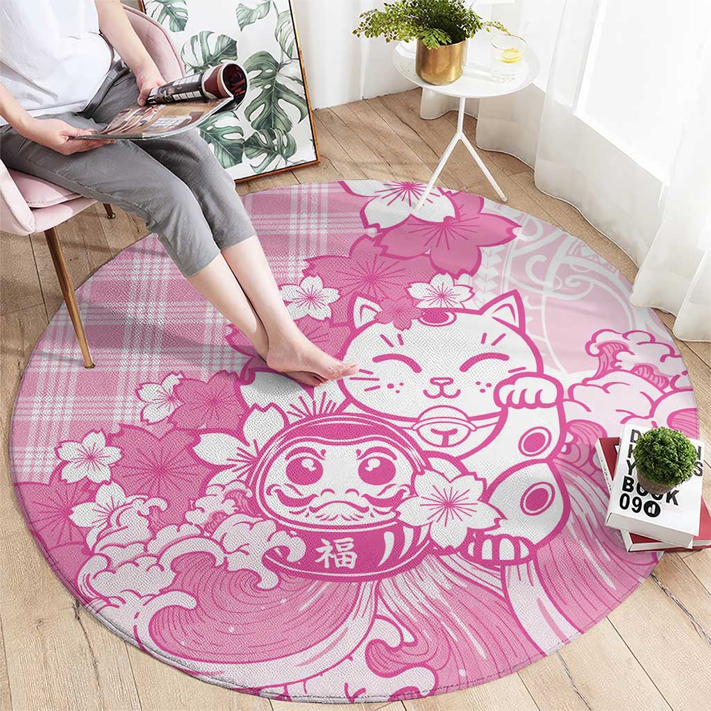Pink Palaka Hawaiian And Japanese Round Carpet Maneki Neko And Sakura Bloom